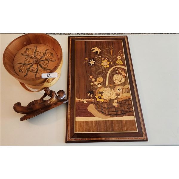 Tori Intarsia Taulu Woodworking Picture, Decorative Wood Basket, Canoe Wood Art Sculpture