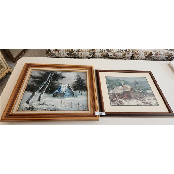 Winter Ranch Cabin Handstitched by Carol Herter & Winter Landscape Oil Painting by John