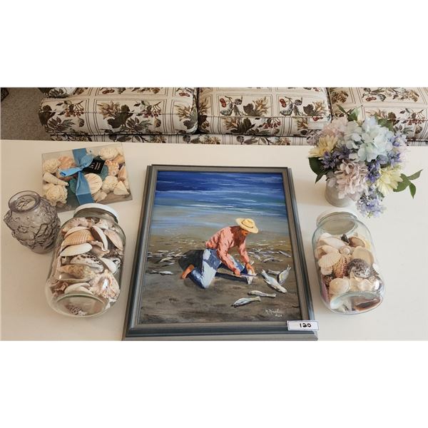 Fishing by the Sea Beach Collection Oil Painting on Canvas by M. Nicol 2000, Floral Arrangement Vase