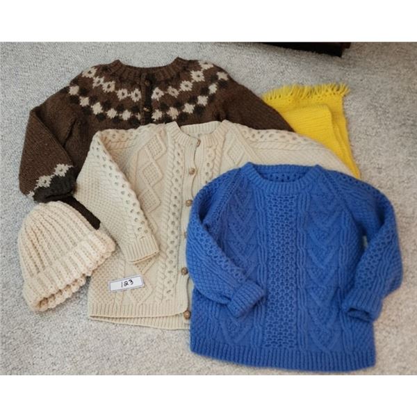 3 Handmade Children's Sweaters, Yellow Scarf & Toque