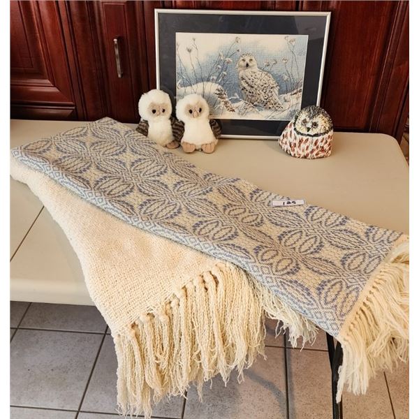 Needlepoint Oil Picture, Handpainted Owl Stone, 4 Tiny Stuffed Owls, 2 Blankets