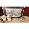 Image 2 : Needlepoint Oil Picture, Handpainted Owl Stone, 4 Tiny Stuffed Owls, 2 Blankets