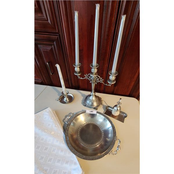 Everything Pewter-Candleabra, Single Candle Holder, Brush & Crumb Tray, Serving Dish, Candles