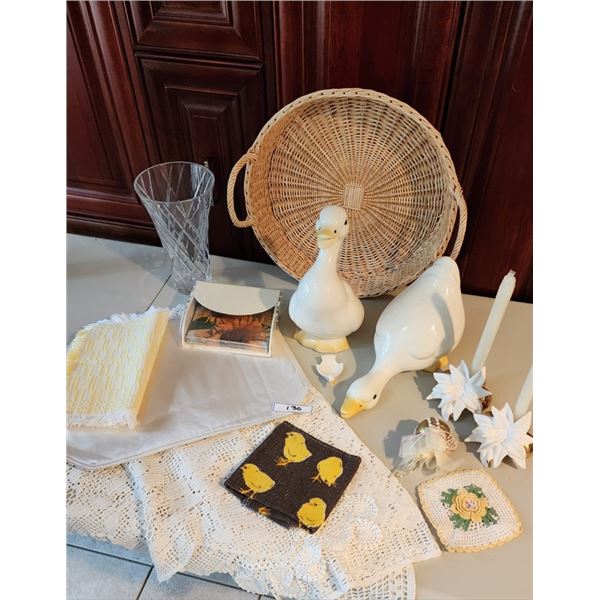 Vintage Ceramic Ducks, Glass Vase, Pair of Candle Holders, Basket, Table Runner, Doilies, Placemats