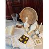 Image 1 : Vintage Ceramic Ducks, Glass Vase, Pair of Candle Holders, Basket, Table Runner, Doilies, Placemats