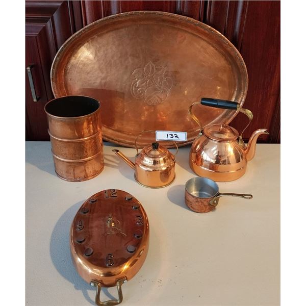 Copper & Copper Plated Tray, Teapots, Container & Clock