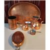 Image 1 : Copper & Copper Plated Tray, Teapots, Container & Clock