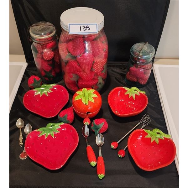 Vintage Strawberry Bowls, Plates, Jam/Sugar Bowl with Spoon, Strawberry Pin Cushions