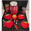 Image 1 : Vintage Strawberry Bowls, Plates, Jam/Sugar Bowl with Spoon, Strawberry Pin Cushions