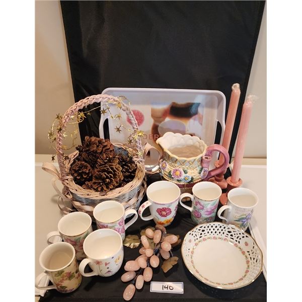 Pink Basket, Tray, Fine Bone China Mugs, Rose Quartz Grapes, Vintage Ceramic Pitcher, Porcelain Bowl