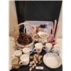 Image 1 : Pink Basket, Tray, Fine Bone China Mugs, Rose Quartz Grapes, Vintage Ceramic Pitcher, Porcelain Bowl