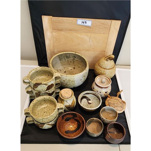 Handmade Studio Pottery with Wooden Cutting Board