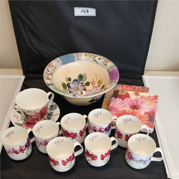 Vintage Handpainted Serving Bowl, English Rose Lg Teacup & Saucer, Rose of England Bone China Cups