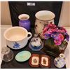 Image 1 : Vintage Chamber Pot, Petit Point Framed Pictures, Garbage Can, Vases, Soap Dish