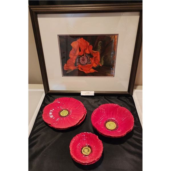 Ambiance Fleur Rouge Red Poppy, Plates, Bowls, Dessert Bowls, Framed Watercolor by Maryann Bidder