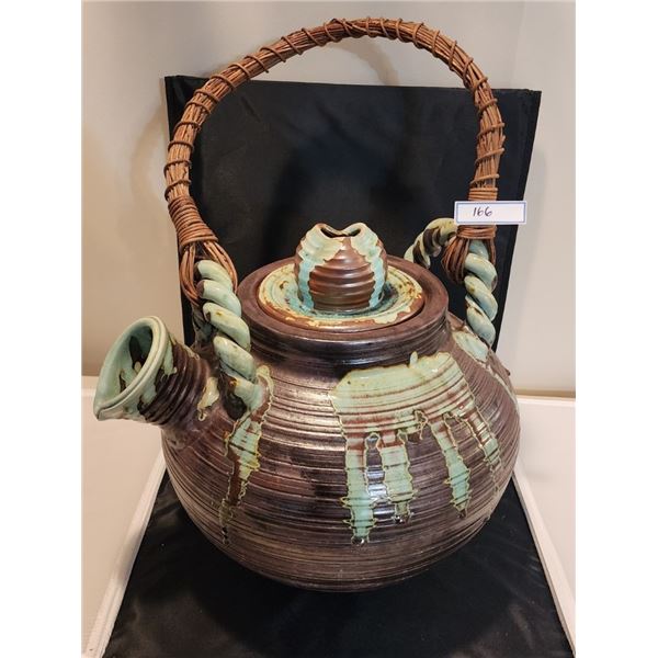 Shigaraki Ware Teapot Vintage Japanese Oversized Stoneware, Art Teapot Drip Glaze Wicker Handle