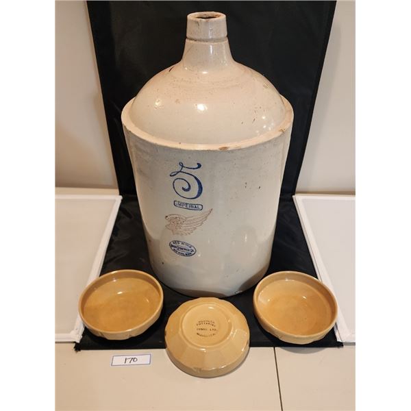 3 Medalta Birch Bark Ceramic Bowls, RARE Antique Red Wing 5 Gallon Shoulder Jug