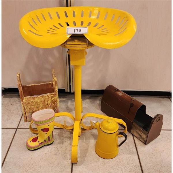 Antique Lunch Box, Vintage Tractor Seat Stool, Vintage Enamel Coffeepot, Boot Planter, Wood Caddy