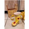 Image 3 : Antique Lunch Box, Vintage Tractor Seat Stool, Vintage Enamel Coffeepot, Boot Planter, Wood Caddy