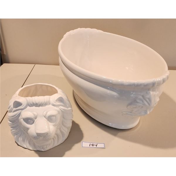 Vintage Mid 20th Century Lion Head Ceramic Bowl & Ceramic Lion Pot