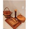 Image 1 : Cherry Wood Tray, Myrtlewood Basket, Spiral Wood Candle Holder, Wooden Rope Bucket