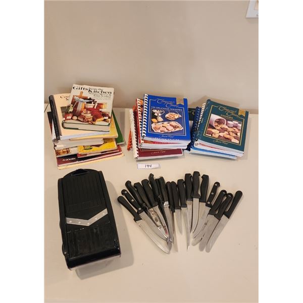 Company's Coming Cookbooks, Assorted Cookbooks, Starfrit Food Slicer, 18 Assorted Knives