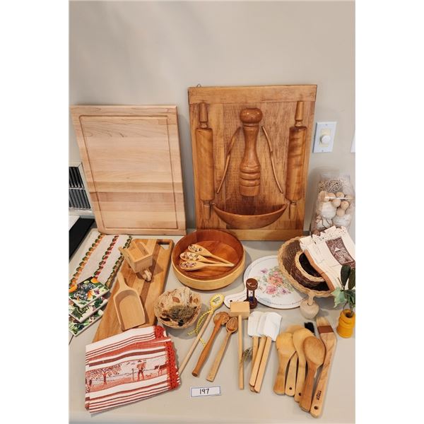 Wooden Kitchen Set, Linens, Baskets, Coasters