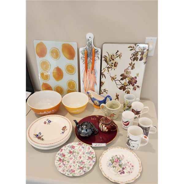 Teapots, Royal Albert Plates, Pyrex Bowls, Plates, Gravy Boat, Mugs, Cutting Board, Placemats