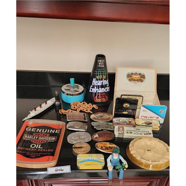 Harley Davidson Cheese Cutting Board & Set, 7 Belt Buckles, 2 Ashtrays, Cigar Box with Tins