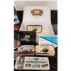 Image 4 : Harley Davidson Cheese Cutting Board & Set, 7 Belt Buckles, 2 Ashtrays, Cigar Box with Tins