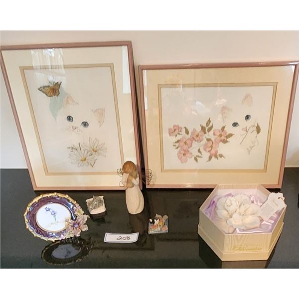2 Vintage Handmade Cross Stitch White Cats, Photo Frame, Willow Tree, Porcelain Figurine Flower