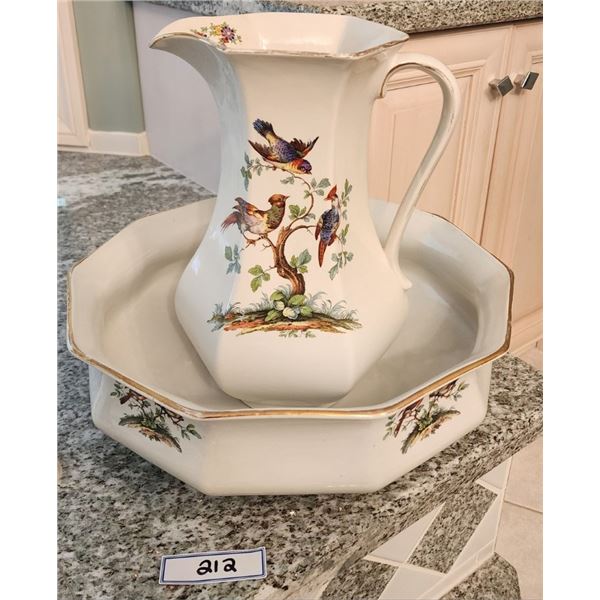 Vintage English Porcelain Pitcher & Wash Basin Set - Floral & Birds Patter with Gold Trim
