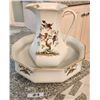 Image 1 : Vintage English Porcelain Pitcher & Wash Basin Set - Floral & Birds Patter with Gold Trim