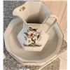 Image 2 : Vintage English Porcelain Pitcher & Wash Basin Set - Floral & Birds Patter with Gold Trim