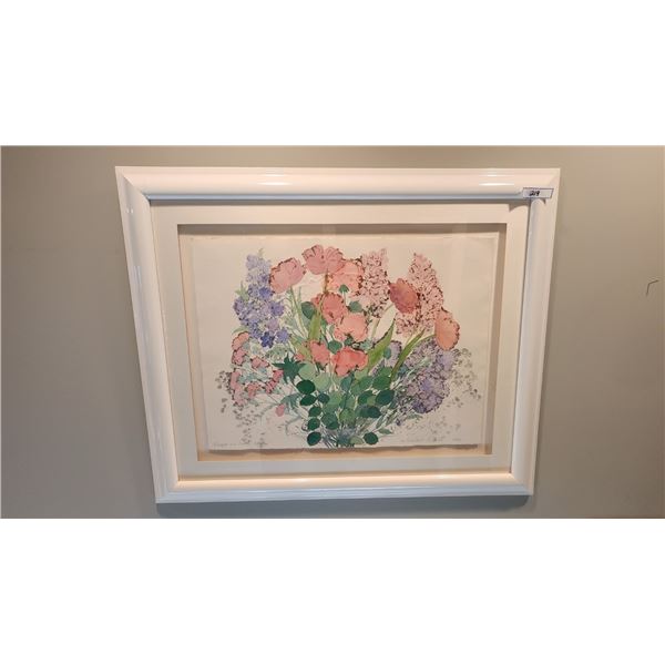 White Framed Water Color Painting by Maui Hands Hawaiian Artist Margaret Bedell "Forget Me Not IV"