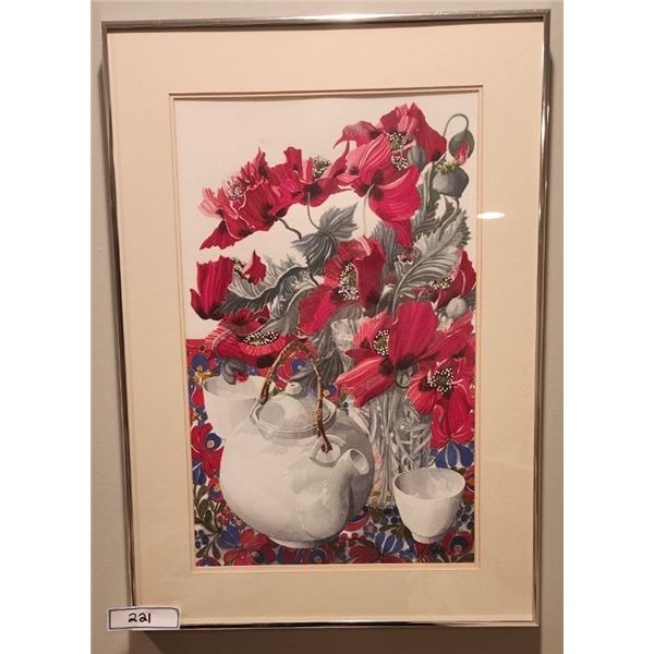 Painting Tea Pot & Poppies on a Hungarian Cloth by Elaine Alfoldy