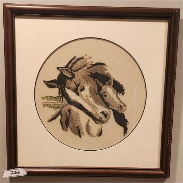 Framed Vintage Style Embroidery Art by Nettie Stricker - Mother Horse & Her Foal - 21" x 21"