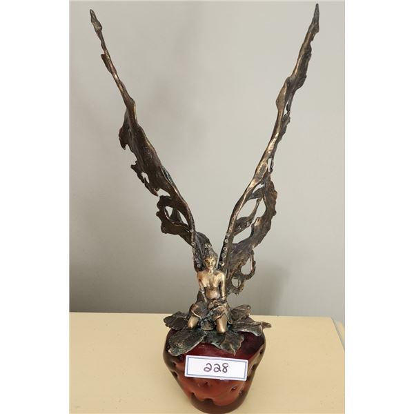 "Strawberry Dream" Bronze Fairy Sculpture with Butterfly winds Mounted on Red Glass Limited Edition