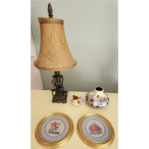 Lamp, Rare Hand Embroidered Petit Point Picture Set, Adeline Glazed Porcelain Vase, Royal Dalton