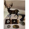 Image 1 : Suspense Deer Figurine, Etched Sailing Ship & Dolphin, Pewter Gold Miner, Moose Buckle & Brooch