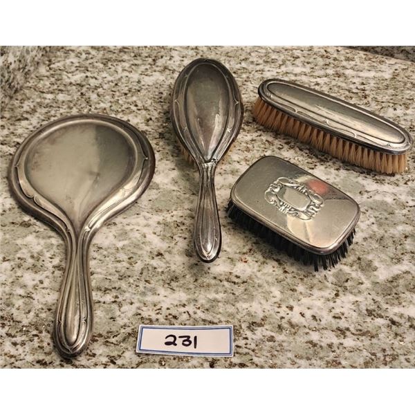 Antique Sterling Silver Mirror, Clothes Brush, Hairbrush - All Sterling Silver