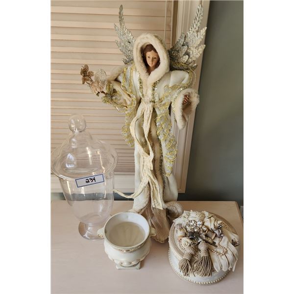 Porcelain Angel on Stand, Vintage Handmade Dresser Box, Vintage Planter, Glass Apothecary Jar