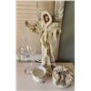 Image 1 : Porcelain Angel on Stand, Vintage Handmade Dresser Box, Vintage Planter, Glass Apothecary Jar