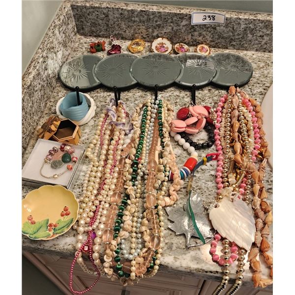 Selection of Costume Jewellery, Hawaii Shell Necklaces, Pandora Bracelet Antique Trinket Dish & More