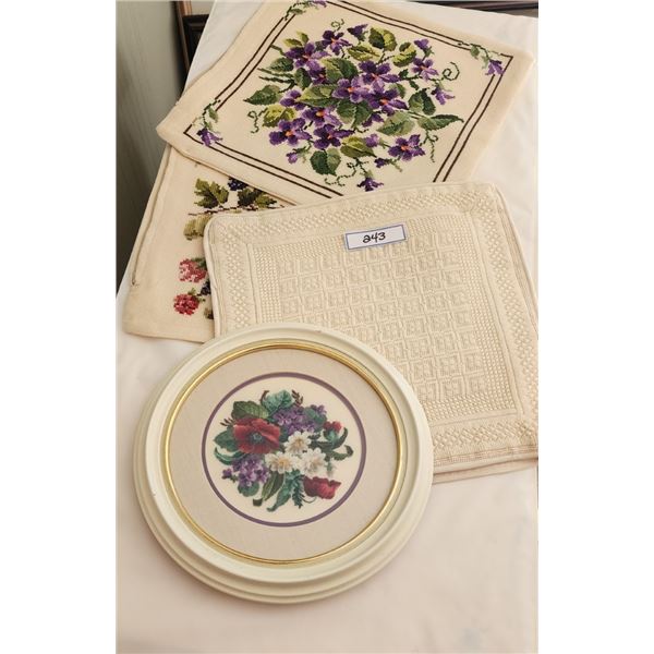 Framed Petit Point Embroidery Floral Bouquet, 2 Cross Stitch Pillow Cases, Textile Pillow Case