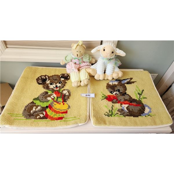 Handmade Needlepoint/Cross Stitch Pillow Cases, Stuffed Bear, Stuffed Lamb-see description