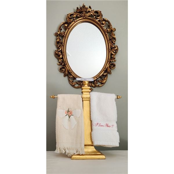 Vintage Gold Oval Ornate Mirror, Gold Colored Hand Towel Holder