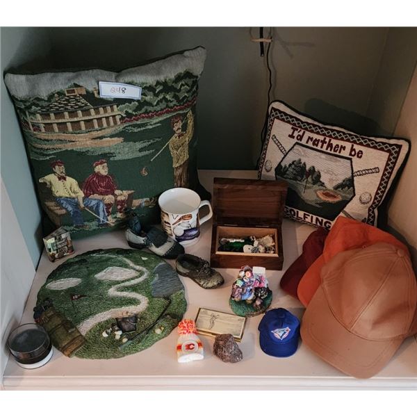 Golf Cushions, 19th Hole Plaque, Golf Business Card Holder, Ceramic Mug, Figurine, Pins, Caps