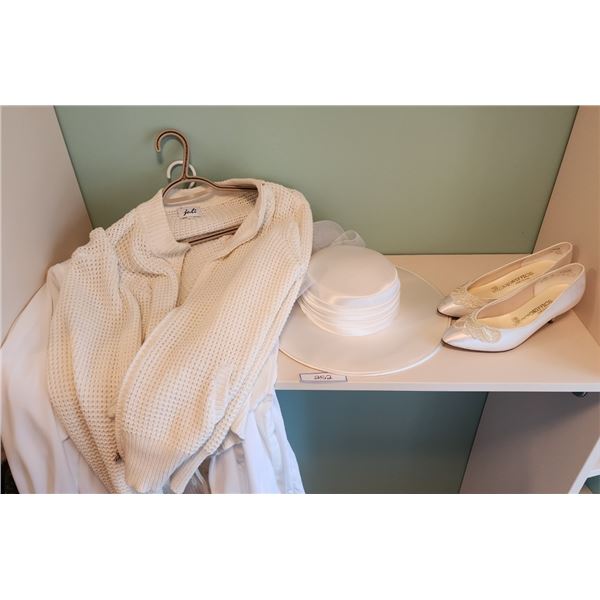 Woman's Vintage Satin Hat, Size 8.5 White Satin Heels, 4 Size 10/12 White Dress Shirts, Cardigan