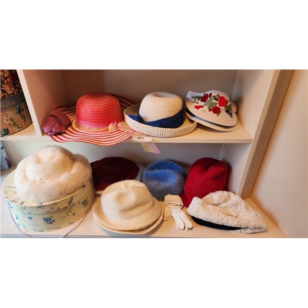 11 Hats, 2 Visors, 1 Fur Hat, 2 Pairs of Gloves, 2 Hat Boxes